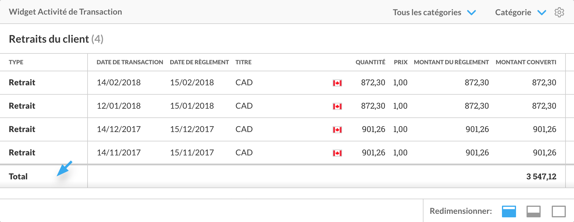 Ligne du total dans le widget Opérations