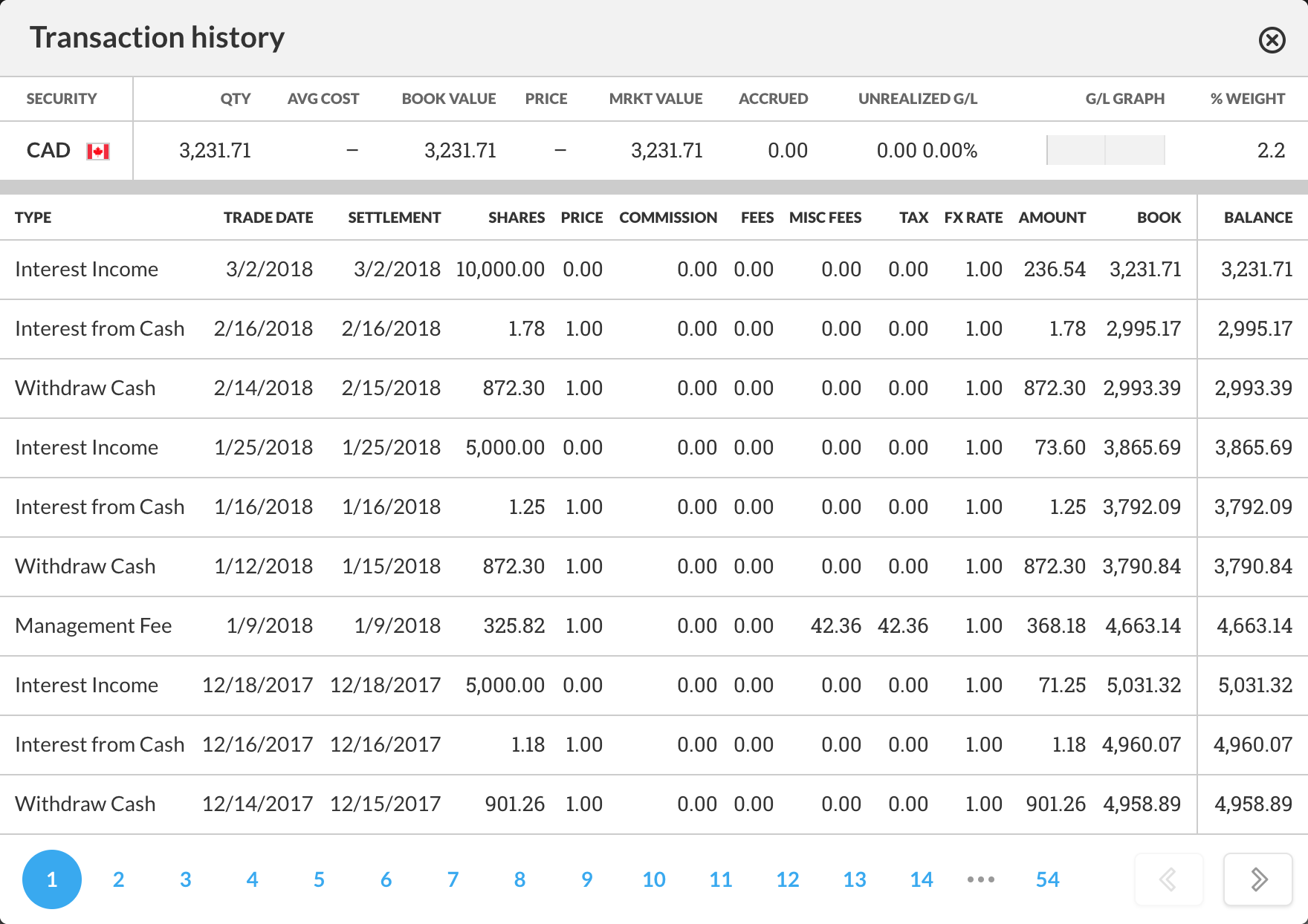 Transaction history modal